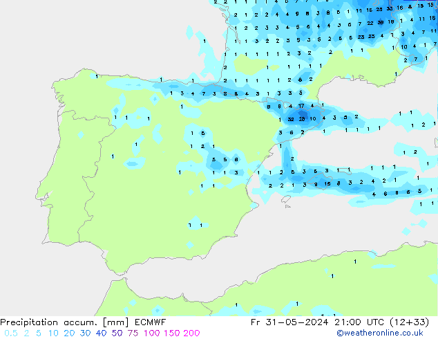 Precipitation accum. ECMWF Fr 31.05.2024 21 UTC