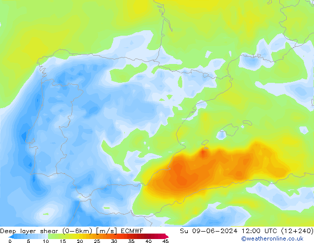 Deep layer shear (0-6km) ECMWF dom 09.06.2024 12 UTC