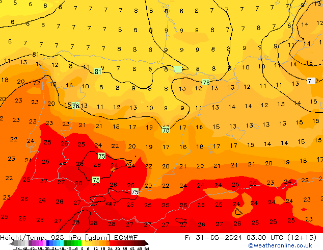 Height/Temp. 925 hPa ECMWF Fr 31.05.2024 03 UTC