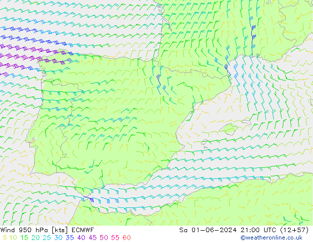 Vent 950 hPa ECMWF sam 01.06.2024 21 UTC