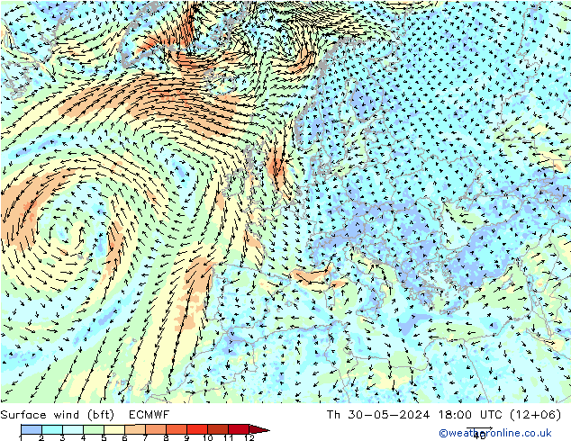 wiatr 10 m (bft) ECMWF czw. 30.05.2024 18 UTC