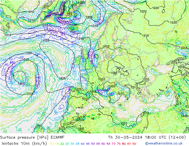 Isotachs (kph) ECMWF Čt 30.05.2024 18 UTC