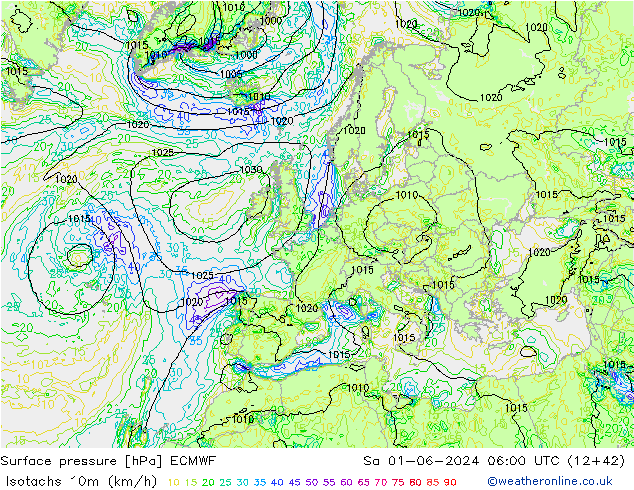 Isotachs (kph) ECMWF Sa 01.06.2024 06 UTC