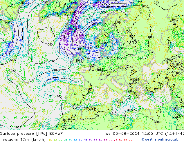 Isotachs (kph) ECMWF We 05.06.2024 12 UTC