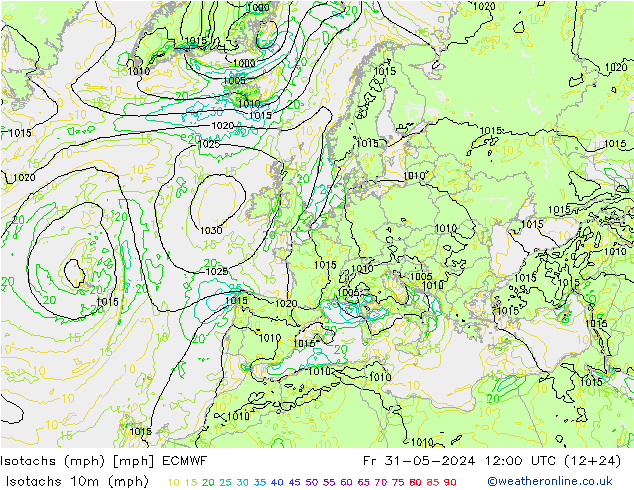 Isotachs (mph) ECMWF 星期五 31.05.2024 12 UTC