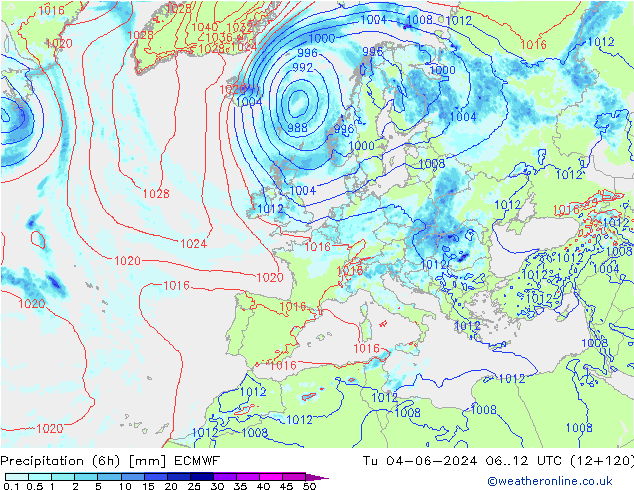 Z500/Rain (+SLP)/Z850 ECMWF Tu 04.06.2024 12 UTC