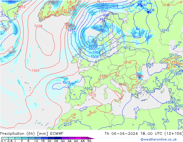 Z500/Rain (+SLP)/Z850 ECMWF Čt 06.06.2024 00 UTC