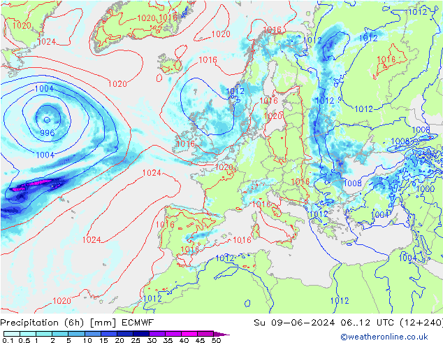 Z500/Regen(+SLP)/Z850 ECMWF zo 09.06.2024 12 UTC