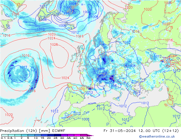 Totale neerslag (12h) ECMWF vr 31.05.2024 00 UTC