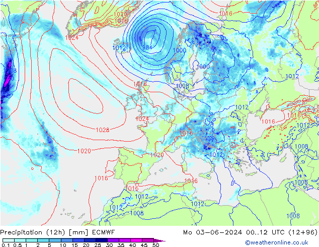 Precipitation (12h) ECMWF Mo 03.06.2024 12 UTC