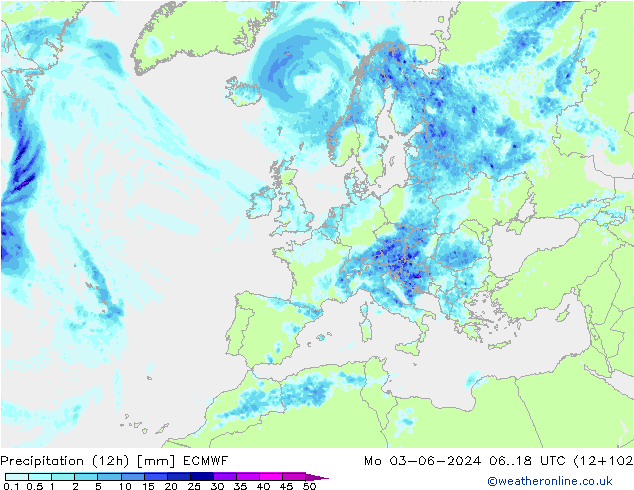 Precipitation (12h) ECMWF Mo 03.06.2024 18 UTC