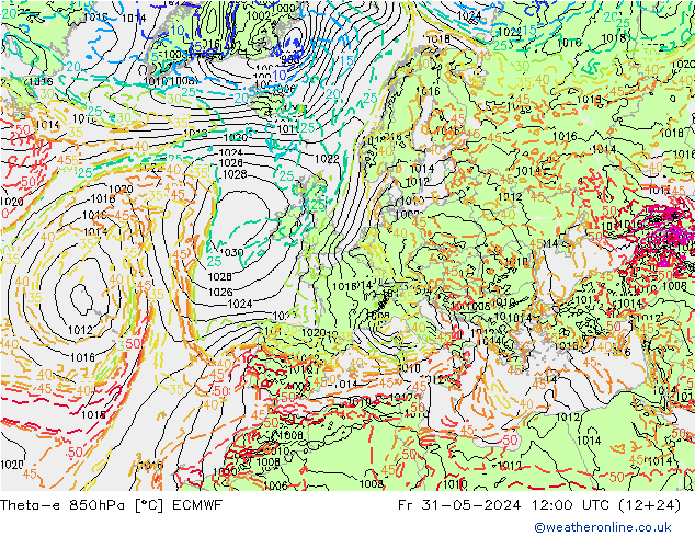 Theta-e 850hPa ECMWF Pá 31.05.2024 12 UTC