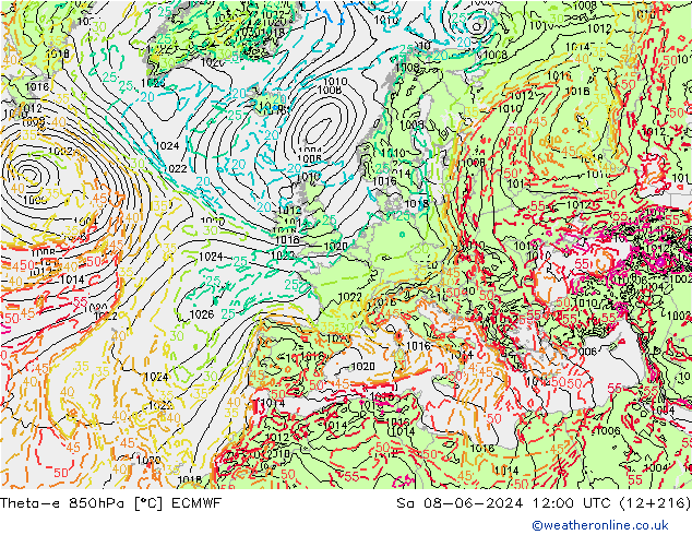 Theta-e 850hPa ECMWF Sa 08.06.2024 12 UTC