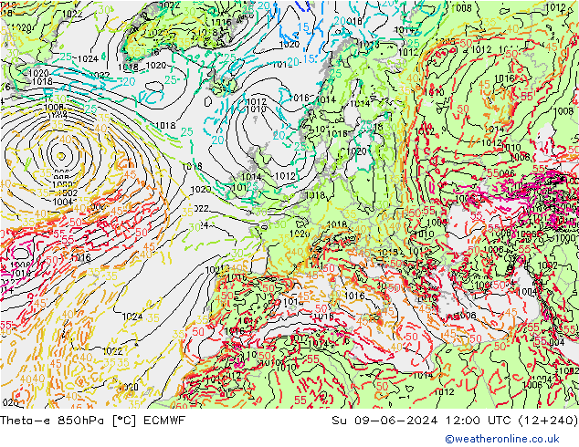 Theta-e 850hPa ECMWF Dom 09.06.2024 12 UTC