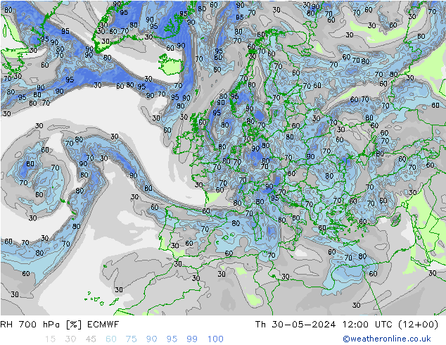 RH 700 hPa ECMWF Th 30.05.2024 12 UTC