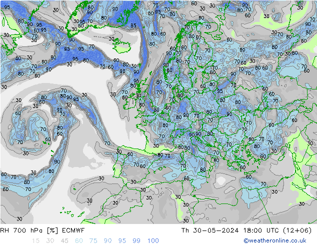 Humidité rel. 700 hPa ECMWF jeu 30.05.2024 18 UTC