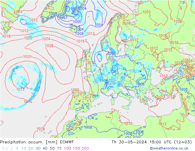 Precipitation accum. ECMWF Qui 30.05.2024 15 UTC