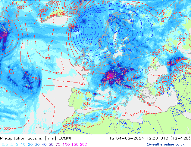 Precipitation accum. ECMWF  04.06.2024 12 UTC