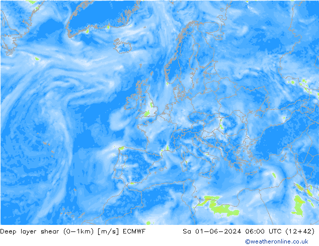 Deep layer shear (0-1km) ECMWF Sa 01.06.2024 06 UTC