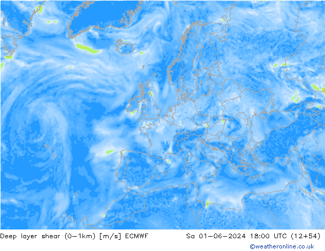 Deep layer shear (0-1km) ECMWF sam 01.06.2024 18 UTC