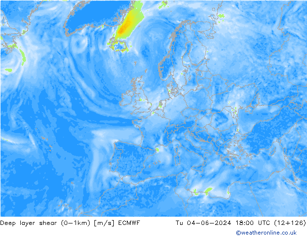 Deep layer shear (0-1km) ECMWF Di 04.06.2024 18 UTC