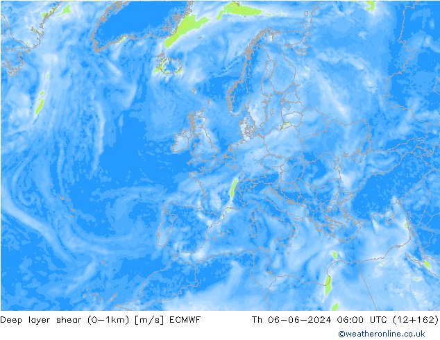 Deep layer shear (0-1km) ECMWF Th 06.06.2024 06 UTC