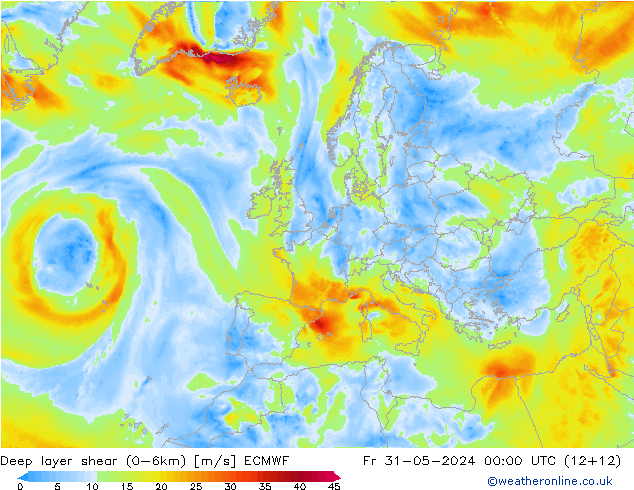 Deep layer shear (0-6km) ECMWF  31.05.2024 00 UTC