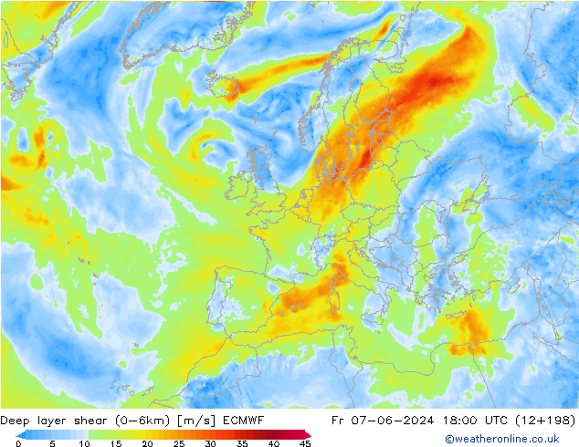 Deep layer shear (0-6km) ECMWF Sex 07.06.2024 18 UTC