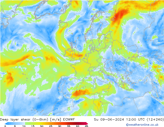 Deep layer shear (0-6km) ECMWF So 09.06.2024 12 UTC