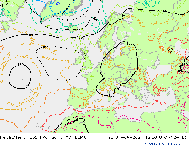 Height/Temp. 850 hPa ECMWF Sa 01.06.2024 12 UTC