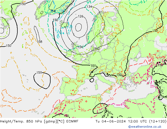 Z500/Rain (+SLP)/Z850 ECMWF Tu 04.06.2024 12 UTC