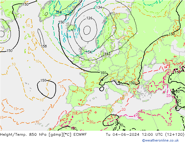 Height/Temp. 850 hPa ECMWF Út 04.06.2024 12 UTC