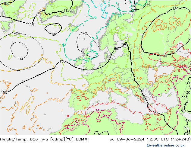 Height/Temp. 850 hPa ECMWF Su 09.06.2024 12 UTC