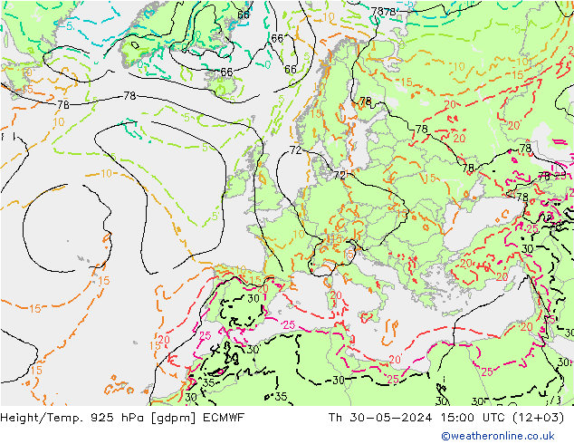 Height/Temp. 925 hPa ECMWF  30.05.2024 15 UTC