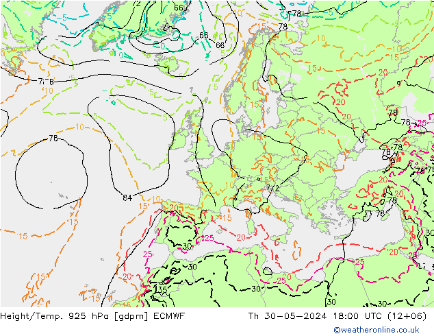 Height/Temp. 925 hPa ECMWF Qui 30.05.2024 18 UTC