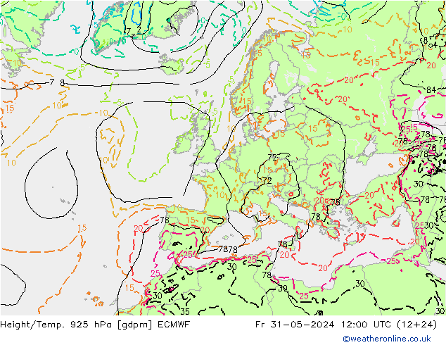 Hoogte/Temp. 925 hPa ECMWF vr 31.05.2024 12 UTC