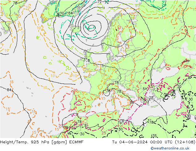 Géop./Temp. 925 hPa ECMWF mar 04.06.2024 00 UTC