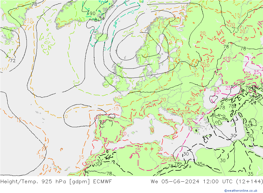 Height/Temp. 925 hPa ECMWF Qua 05.06.2024 12 UTC