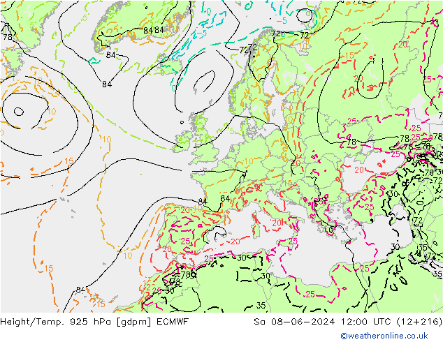 Geop./Temp. 925 hPa ECMWF sáb 08.06.2024 12 UTC