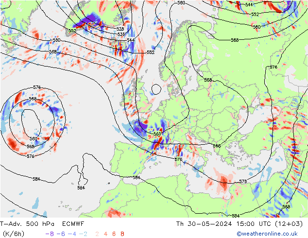 T-Adv. 500 hPa ECMWF gio 30.05.2024 15 UTC