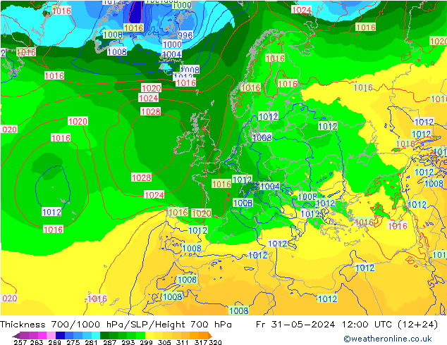 Thck 700-1000 hPa ECMWF ven 31.05.2024 12 UTC