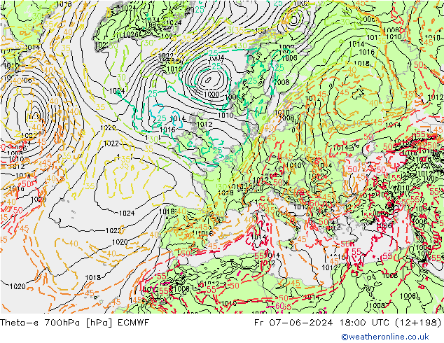 Theta-e 700hPa ECMWF vie 07.06.2024 18 UTC