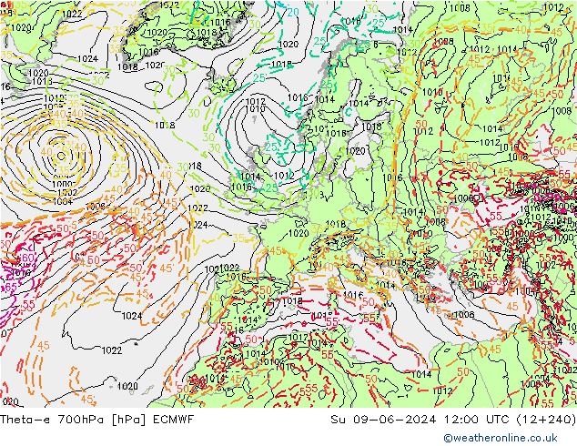 Theta-e 700hPa ECMWF Dom 09.06.2024 12 UTC