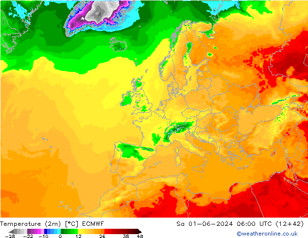 Temperatura (2m) ECMWF sab 01.06.2024 06 UTC