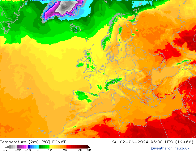 Temperaturkarte (2m) ECMWF So 02.06.2024 06 UTC