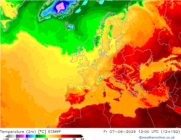 Temperaturkarte (2m) ECMWF Fr 07.06.2024 12 UTC