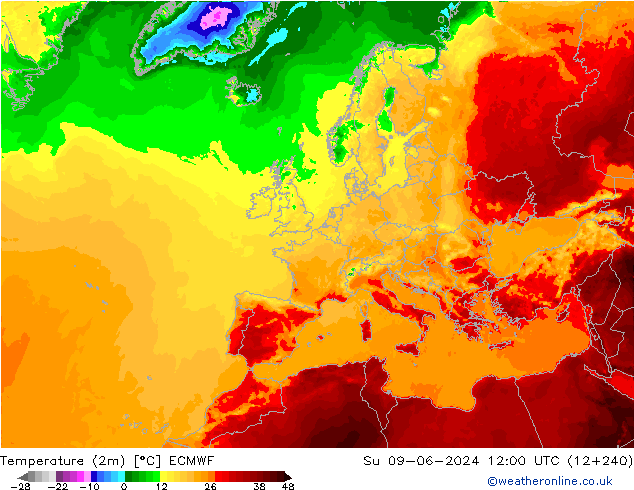 Temperaturkarte (2m) ECMWF So 09.06.2024 12 UTC