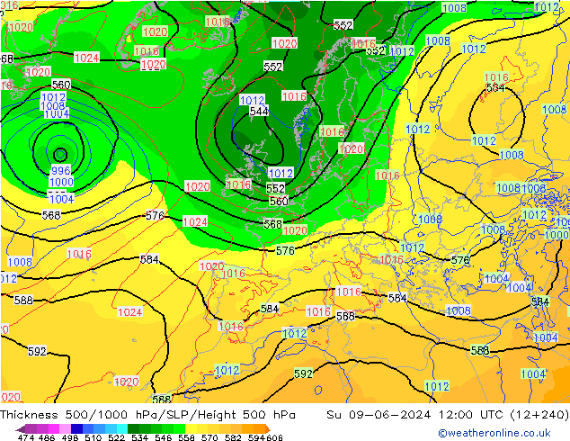 Schichtdicke 500-1000 hPa ECMWF So 09.06.2024 12 UTC