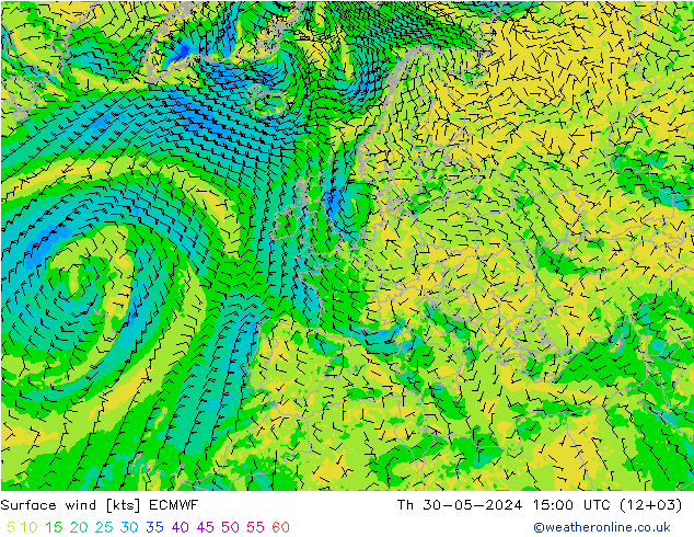 Vent 10 m ECMWF jeu 30.05.2024 15 UTC