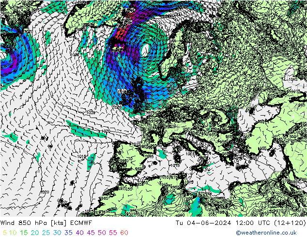 Wind 850 hPa ECMWF Út 04.06.2024 12 UTC